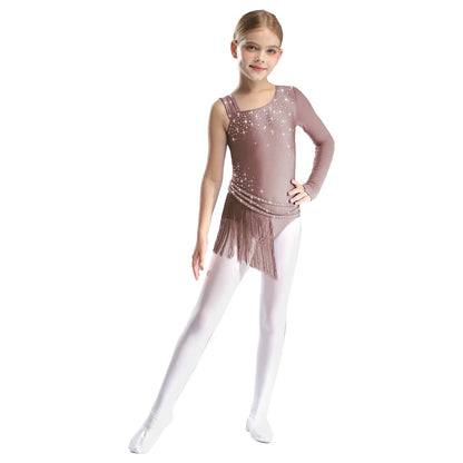 Girls Figure Skating Rhinestone Irregular Tassel Bodysuit Leotard (Age  6-16YRS)