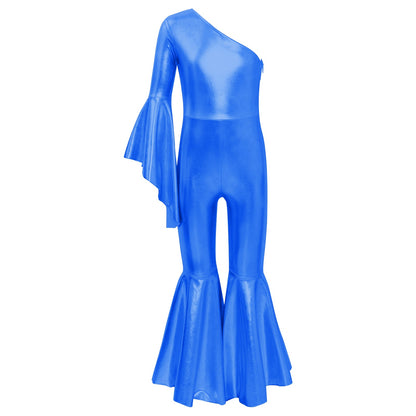 Girls Dance Metallic One Shoulder Bell-Bottom Jumpsuit (Age 6-16YRS)