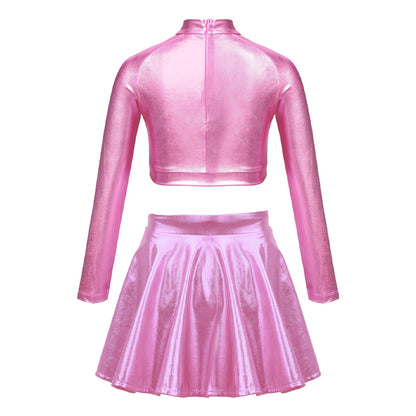 Girls Dance Metallic Long Sleeve Sequin Crop Top & Skirt (Age 6-14YRS)