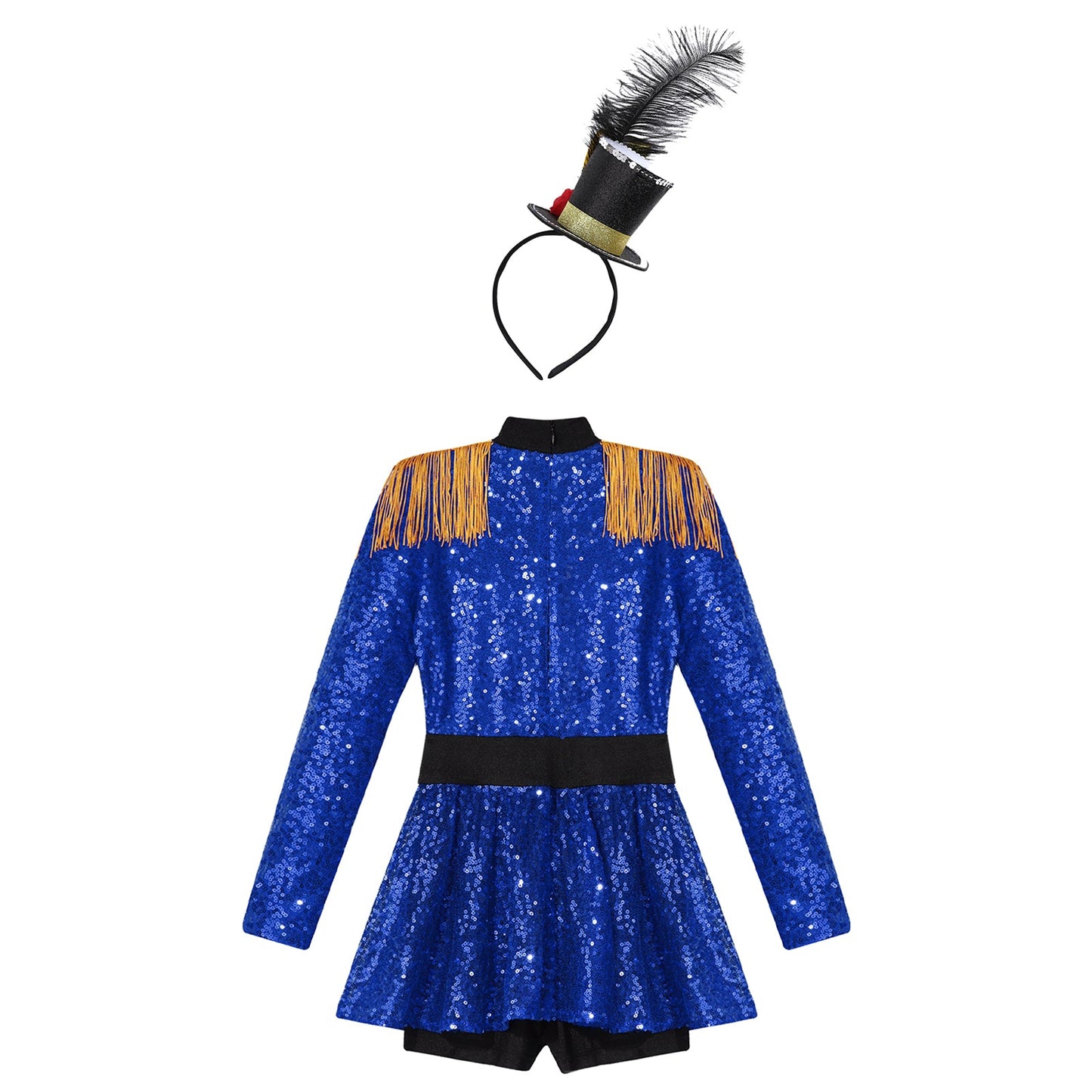 Girls Halloween Circus Ringmaster  Costume Long Sleeve Sequin Leotard Dress (Age 6-14YRS)