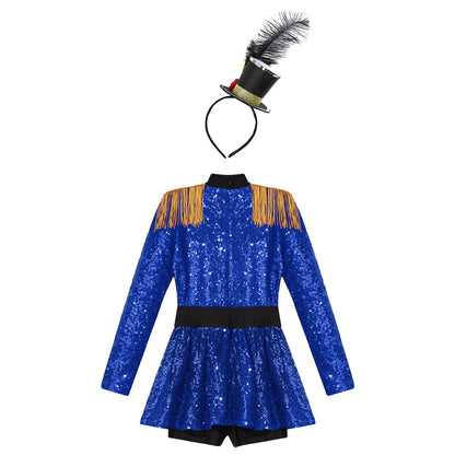 Girls Halloween Circus Ringmaster  Costume Long Sleeve Sequin Leotard Dress (Age 6-14YRS)