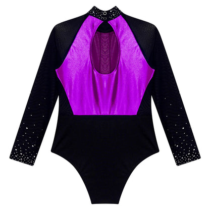 Girls Dance Performance Costume Long Sleeve Rhinestone Leotard (Age 6-16 YRS)