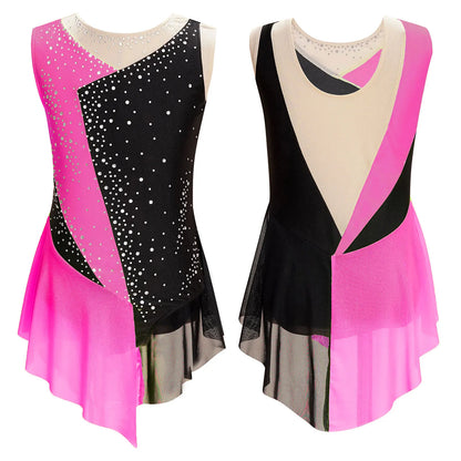 Rhinestone Gymnastics Figure Skating Dress for Teen Girls Sleeveless Sheer Mesh Tutu Ballet Leotard Lyrical Performance Costume