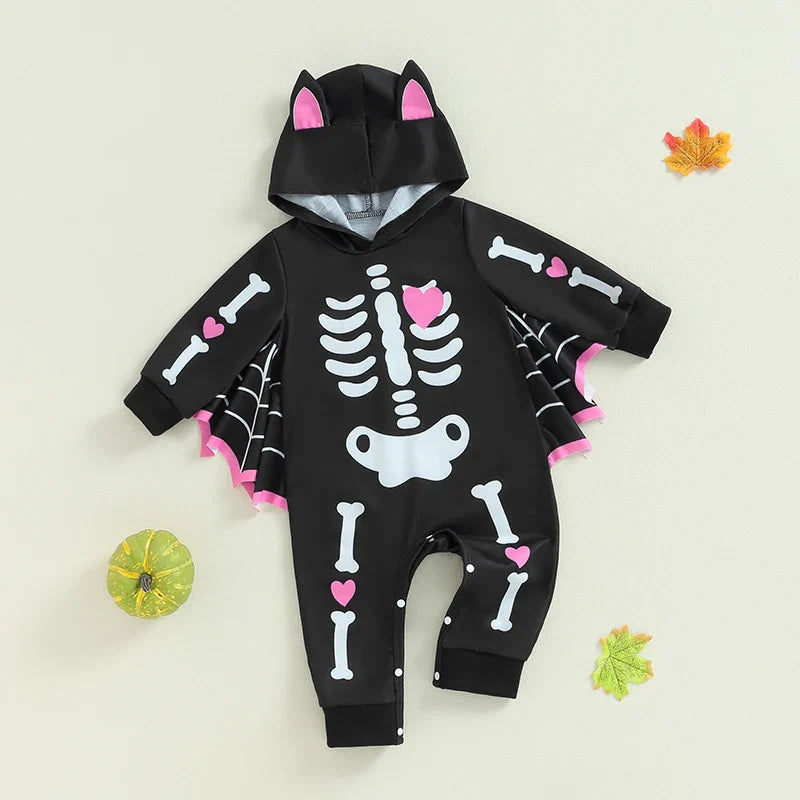 Baby Halloween Bat Costume Romper – Skeleton Cobweb Hooded Jumpsuit with Big Ears | Ages Newborn–24M