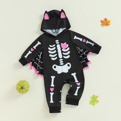 Baby Halloween Bat Costume Romper – Skeleton Cobweb Hooded Jumpsuit with Big Ears | Ages Newborn–24M