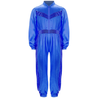 Girls Sequin Satin m Long Sleeve Zipper Jumpsuit (Age 6-16 YRS)