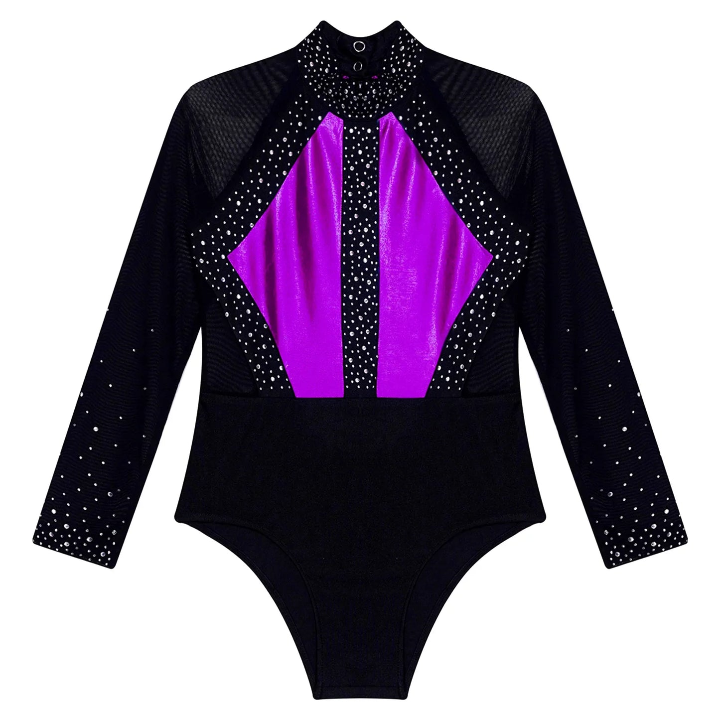Girls Dance Performance Costume Long Sleeve Rhinestone Leotard (Age 6-16 YRS)