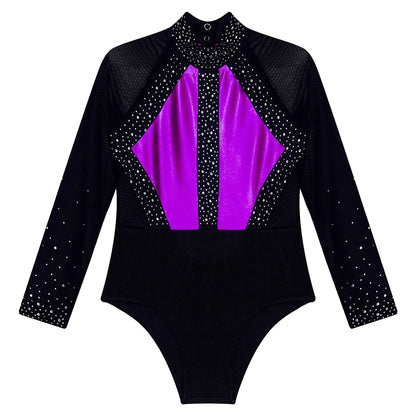 Girls Dance Performance Costume Long Sleeve Rhinestone Leotard (Age 6-16 YRS)