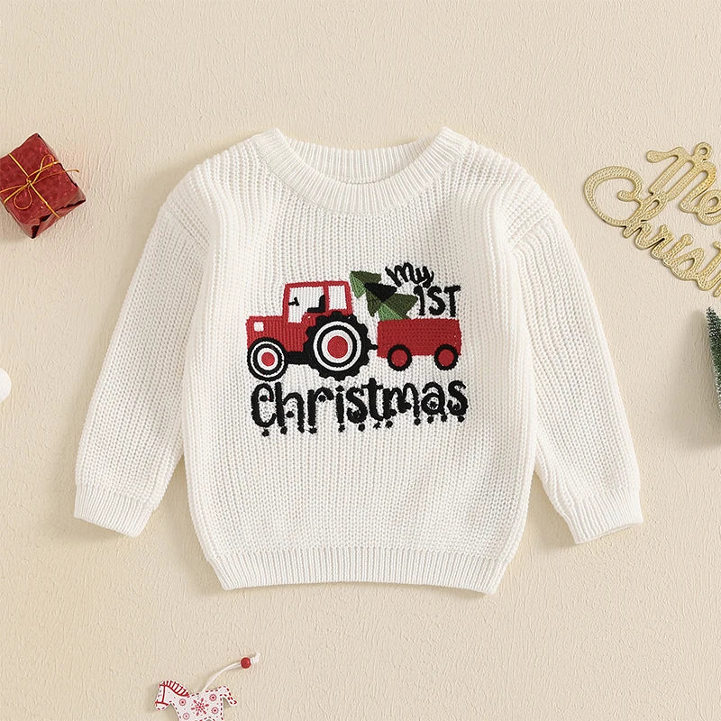 Baby Girls/Boys Christmas Tractor Ribbed Jumper (Age 3M-18M)