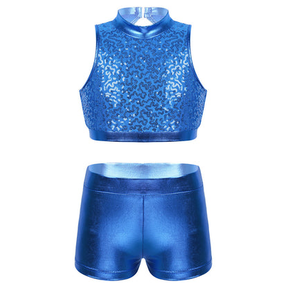 Girls Dance Costume Sequin Crop Top & Shorts Set (Age 6-12 YRS)