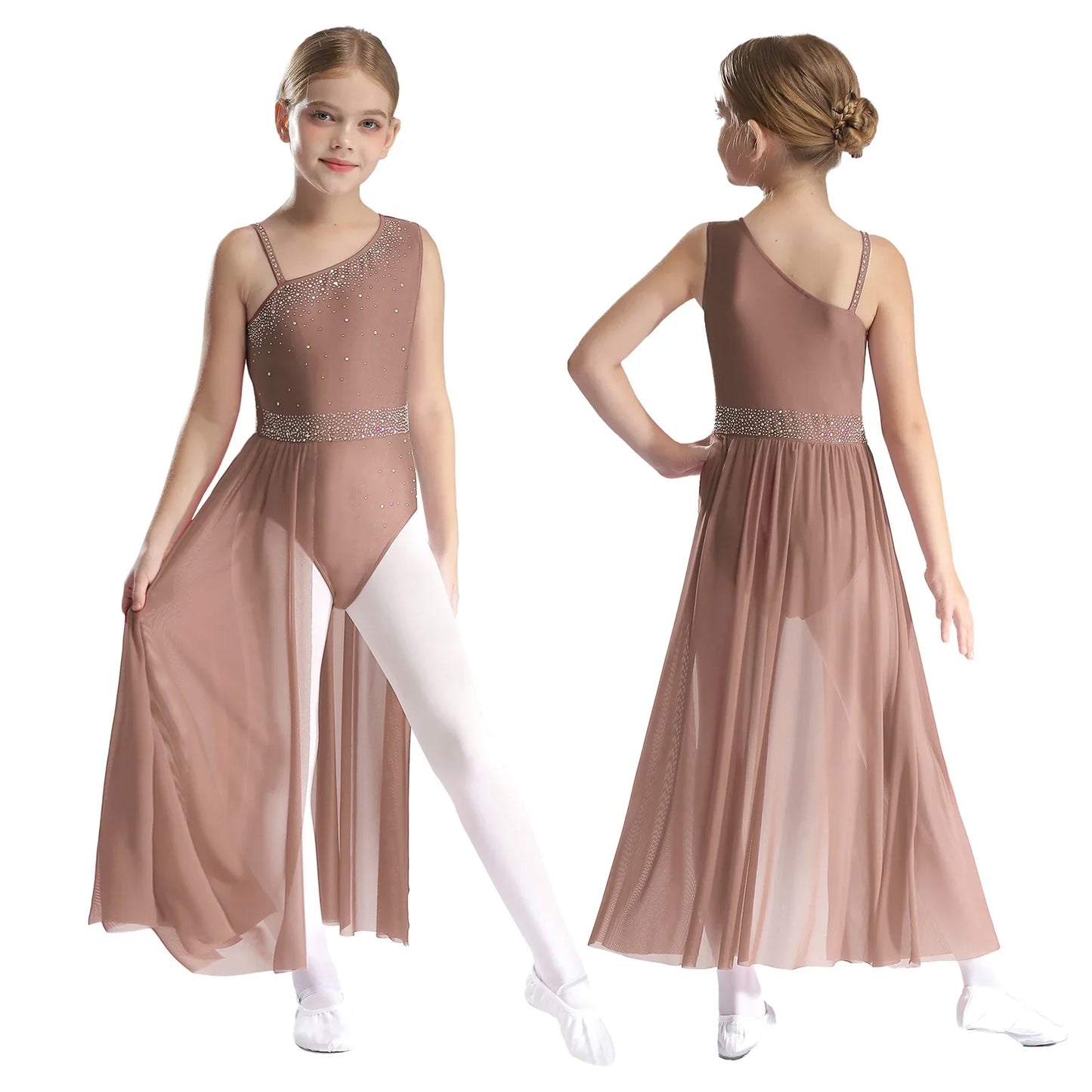 Girls Dance Costume Ballet Rhinestones Sleeveless Sheer Mesh Leotard Dress (Age 6-16 YRS)