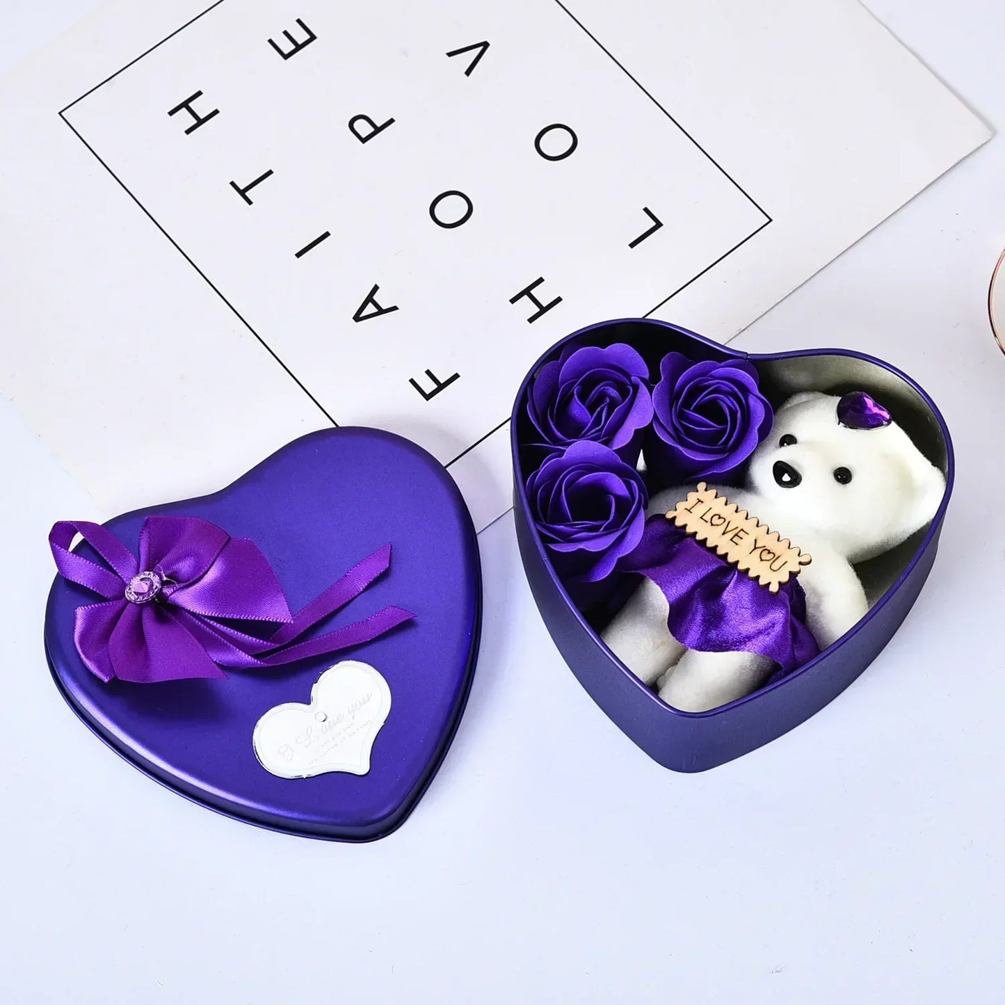 Heart Shaped Soap Flower Teddy Bear Gift Box Purple