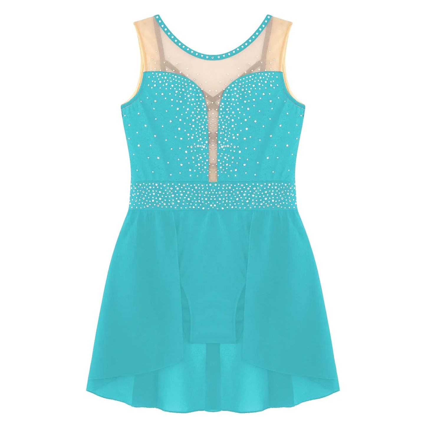 Rhinestone Gymnastics Figure Skating Dress for Teen Girls Sleeveless Sheer Mesh Tutu Ballet Leotard Lyrical Performance Costume