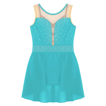 Rhinestone Gymnastics Figure Skating Dress for Teen Girls Sleeveless Sheer Mesh Tutu Ballet Leotard Lyrical Performance Costume