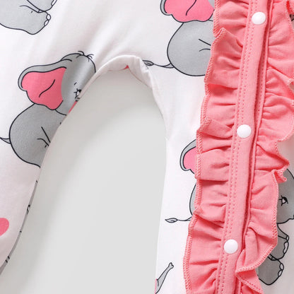 Baby Girls Koala Print White Long-Sleeve Ruffle Snap-up Jumpsuit (Age Newborn-18M)