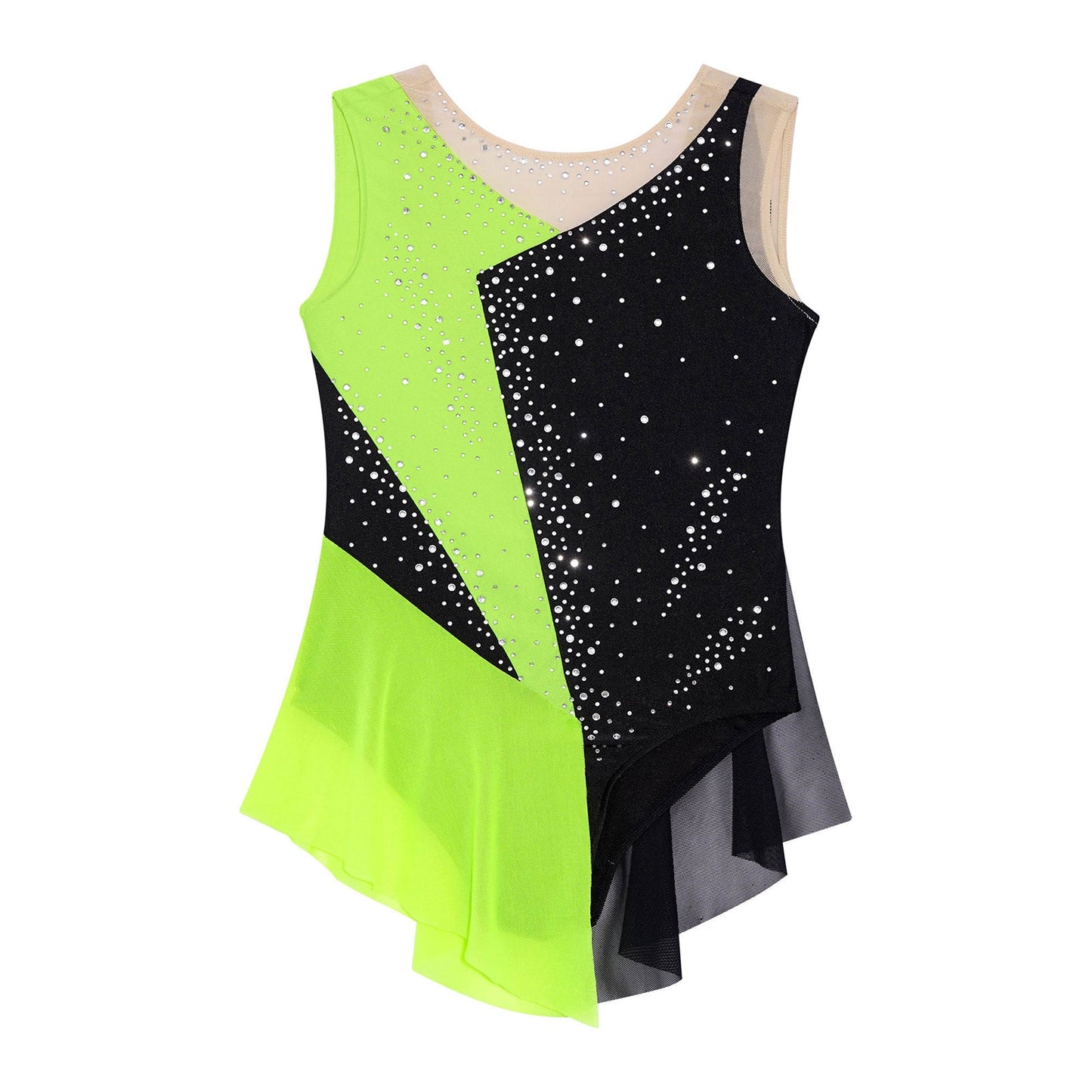 Rhinestone Gymnastics Figure Skating Dress for Teen Girls Sleeveless Sheer Mesh Tutu Ballet Leotard Lyrical Performance Costume
