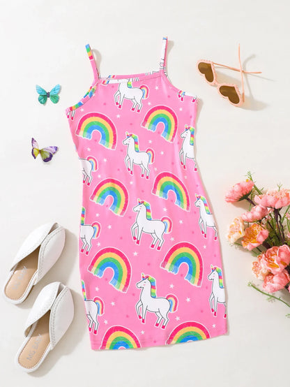 Girls Pink Rainbow & Unicorn Print Summer Dress (Age 3-7 YRS)