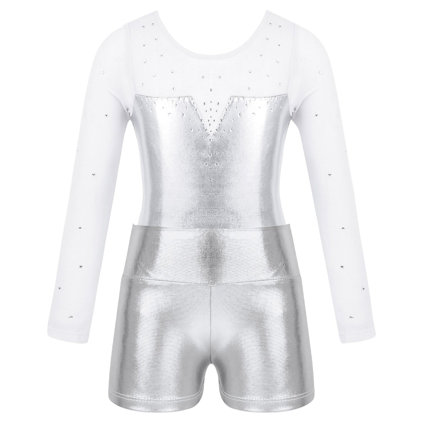Girls Rhinestone Metallic Dance Bodysuit & Shorts Set (Age 4-12 YRS)