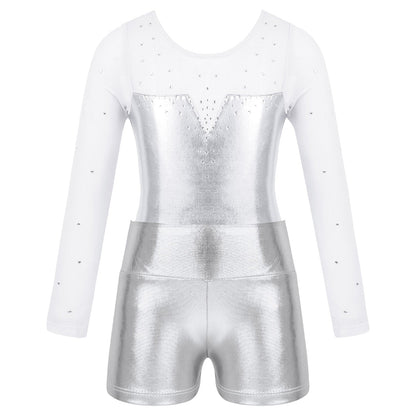 Girls Rhinestone Metallic Dance Bodysuit & Shorts Set (Age 4-12 YRS)