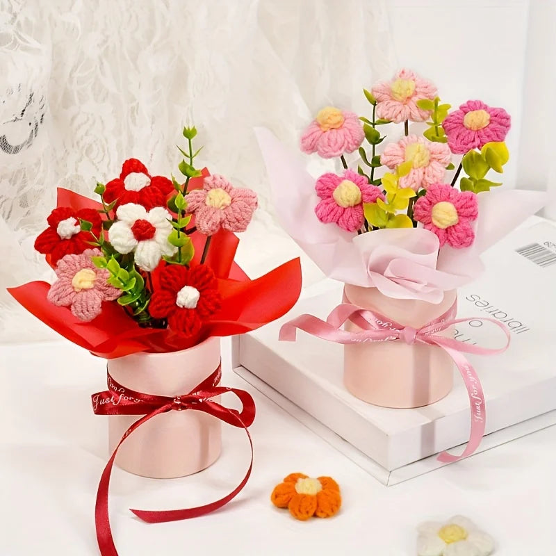 Handmade Knitted Crochet Gift Pink & Red Flower Bouquets