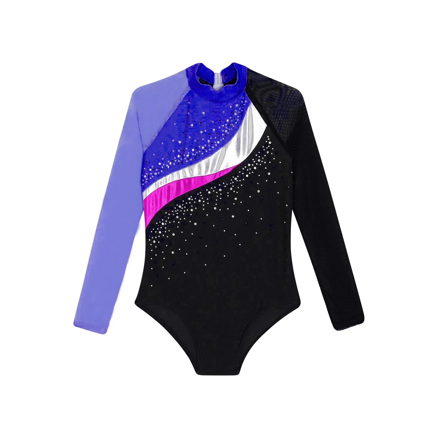 Girls Ballet Dance Leotard Gymnastics  Rhinestones Sheer Mesh Long Sleeve (Age 4-16 YRS)