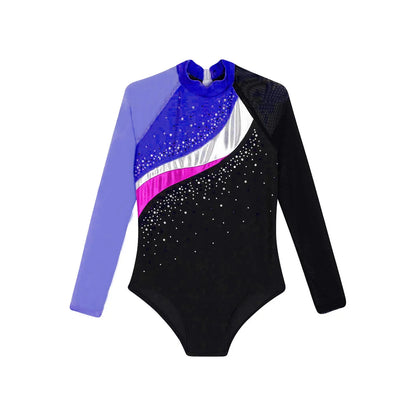 Girls Ballet Dance Leotard Gymnastics  Rhinestones Sheer Mesh Long Sleeve (Age 4-16 YRS)