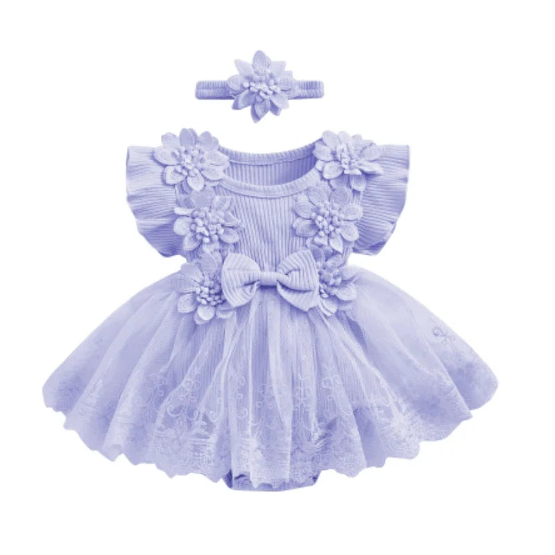Baby Girls Romper Lace Ruffle Dress & Headband (Age 3-18M) Lavender
