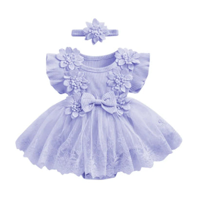 Baby Girls Romper Lace Ruffle Dress & Headband (Age 3-18M) Lavender