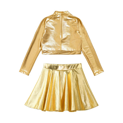 Girls Dance Metallic Long Sleeve Sequin Crop Top & Skirt (Age 6-14YRS)