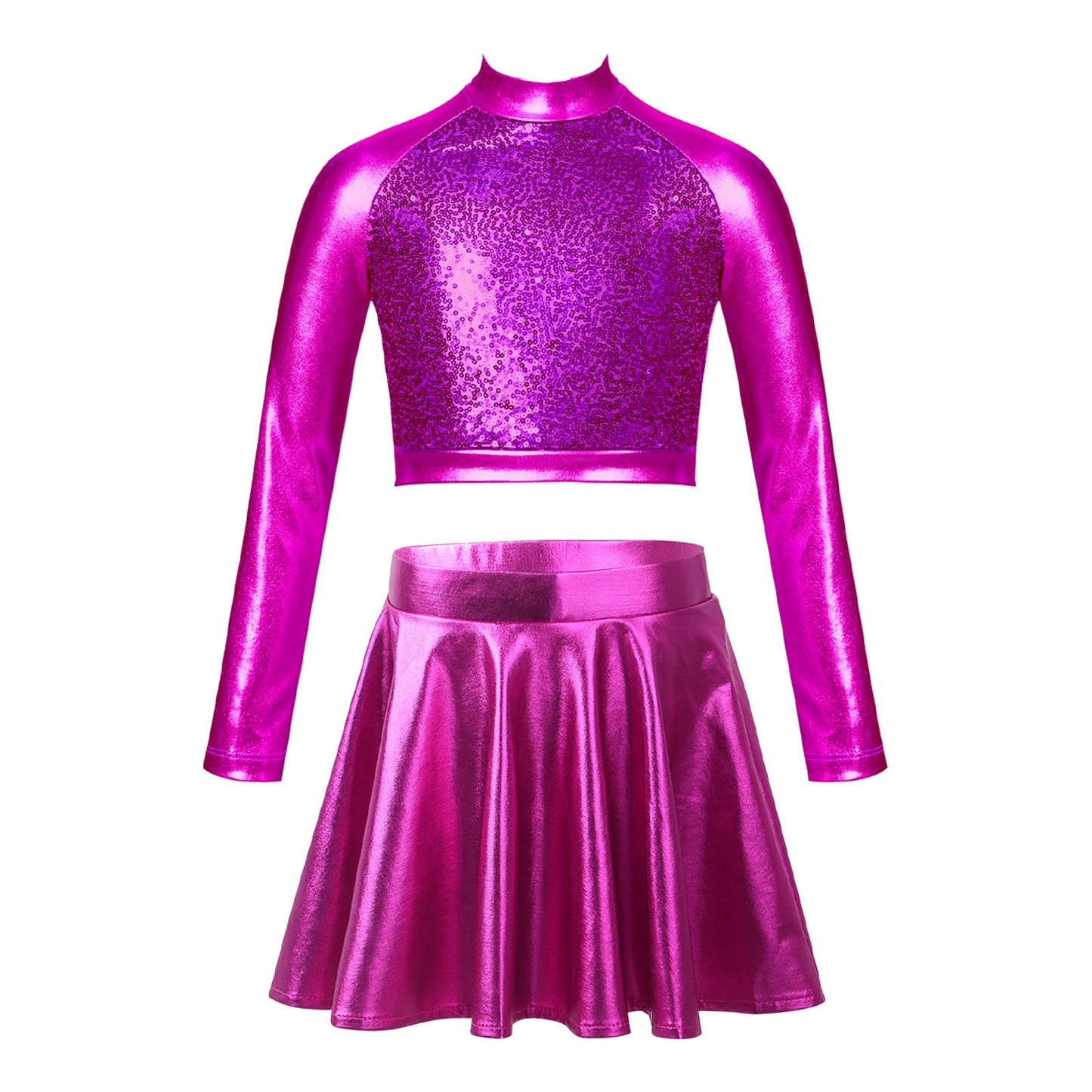 Girls Dance Metallic Long Sleeve Sequin Crop Top & Skirt (Age 6-14YRS)