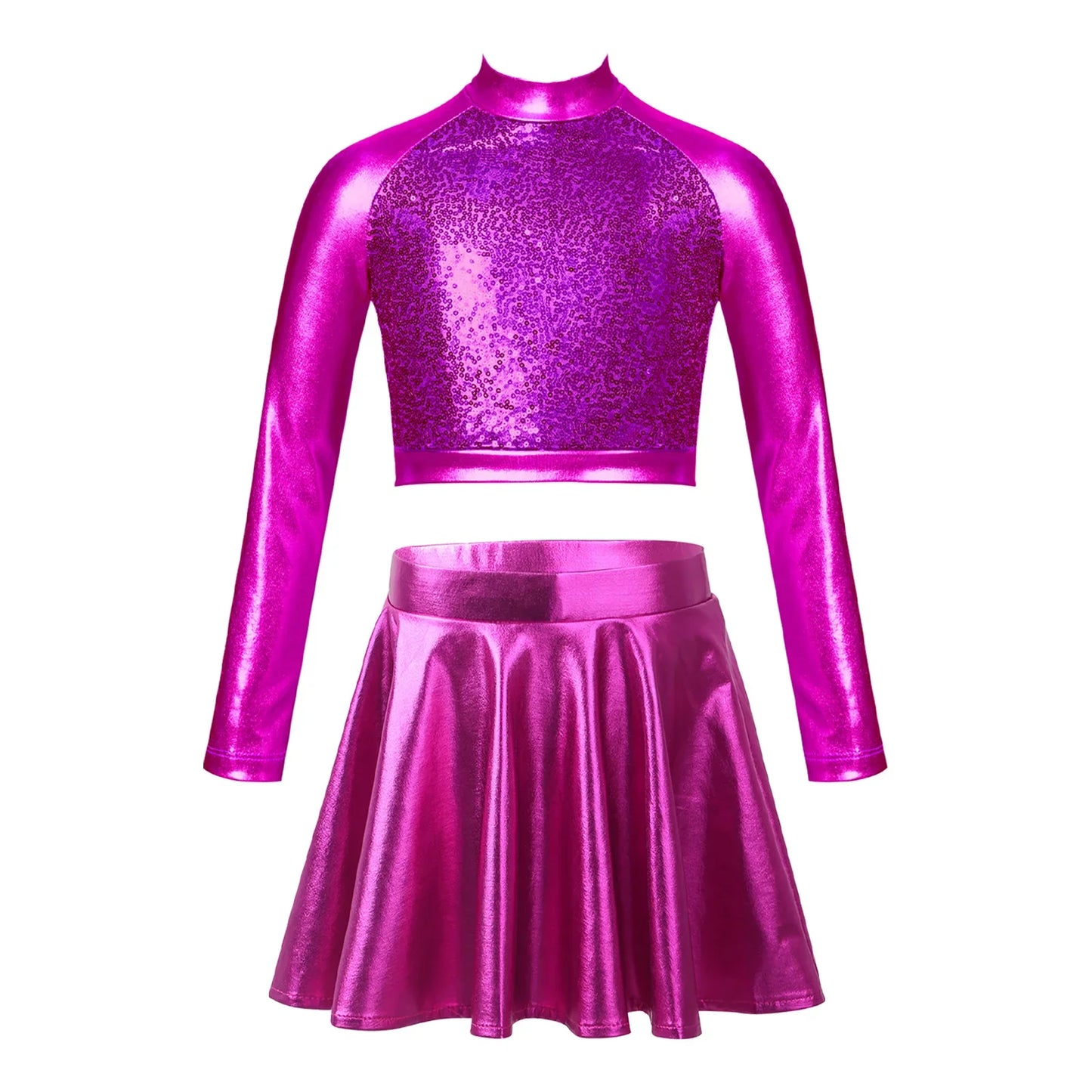 Girls Dance Metallic Long Sleeve Sequin Crop Top & Skirt (Age 6-14YRS)