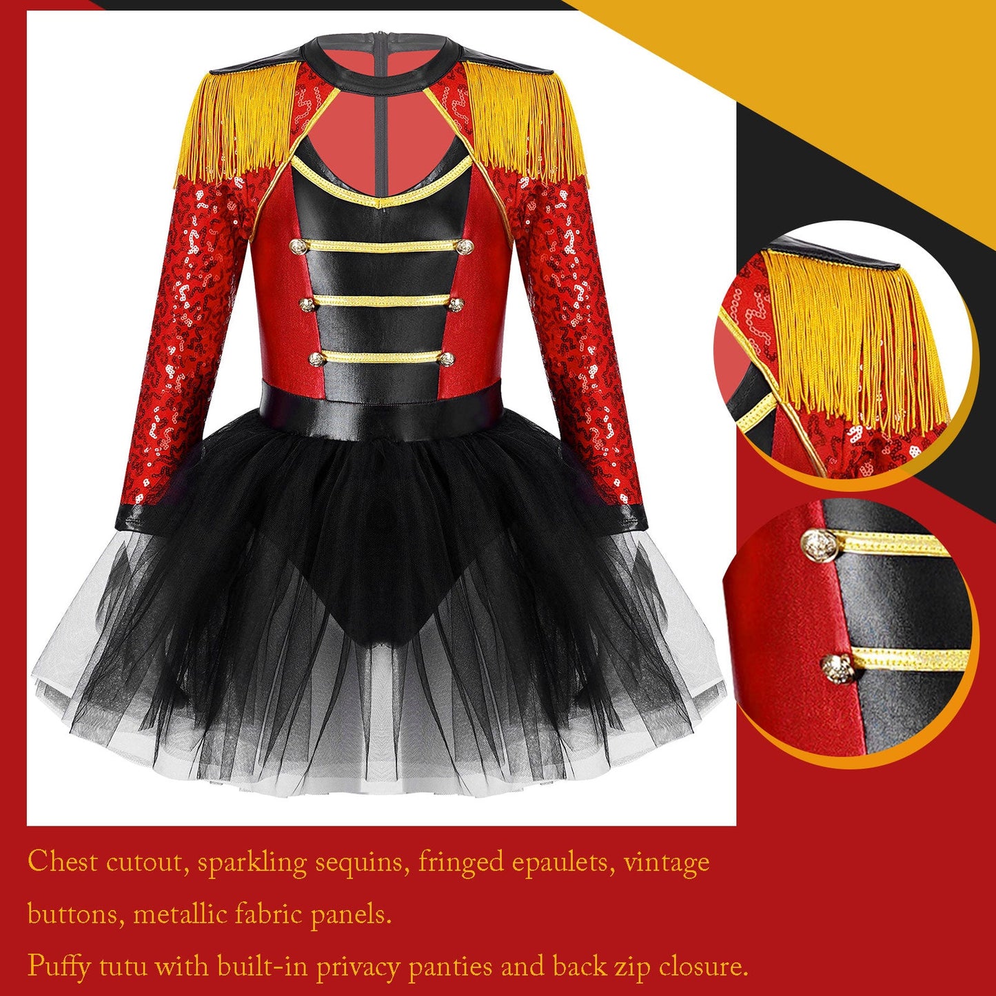 Girls Circus Ringmaster Magician Sequin Leotard Tutu Dress Costume (Age 6-16 YRS)