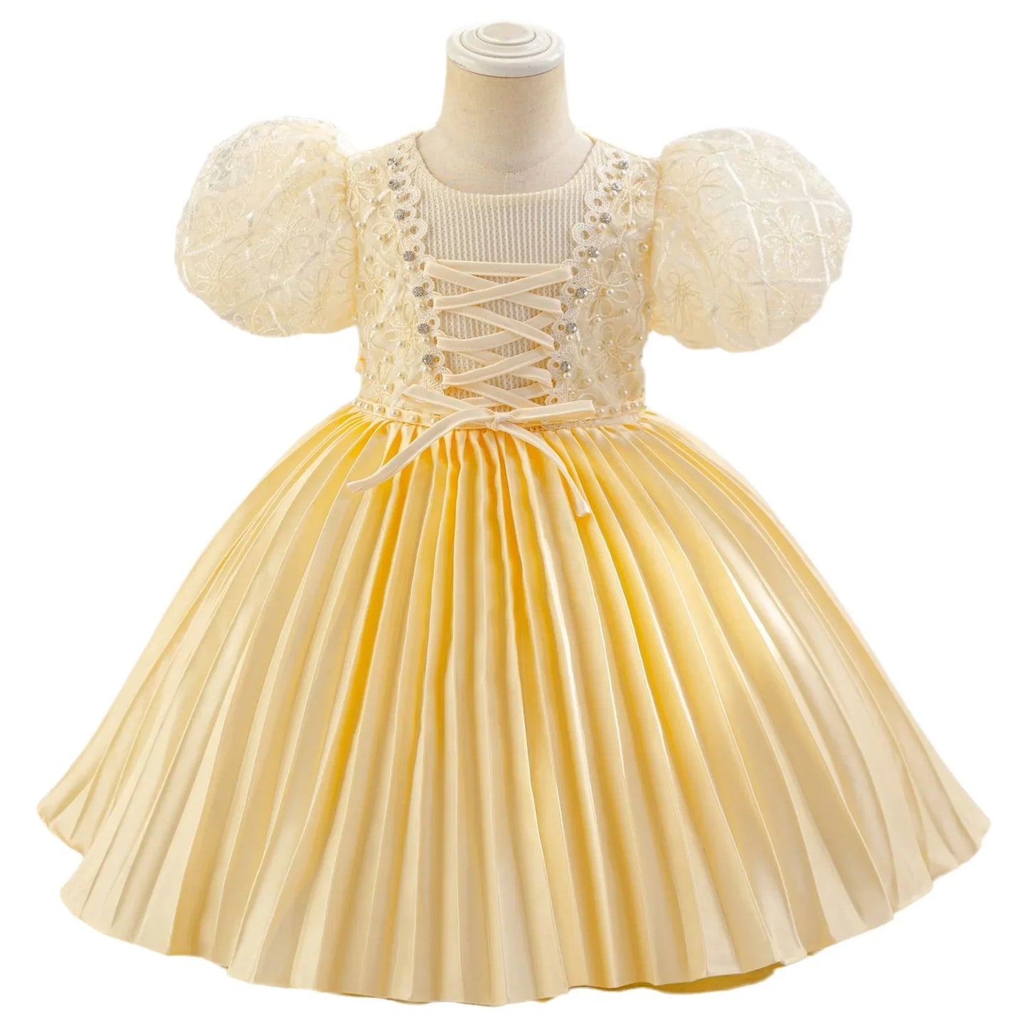 Baby Girls Princess Puff Sleeves Satin Faux Pearls Pleated Tulle Dress (9M-5YRS)