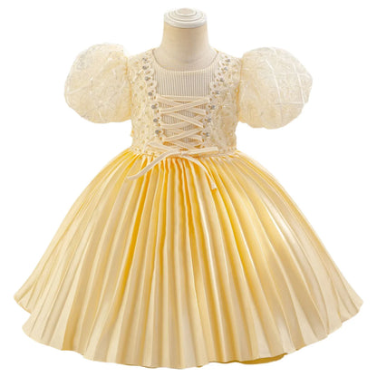 Baby Girls Princess Puff Sleeves Satin Faux Pearls Pleated Tulle Dress (9M-5YRS)