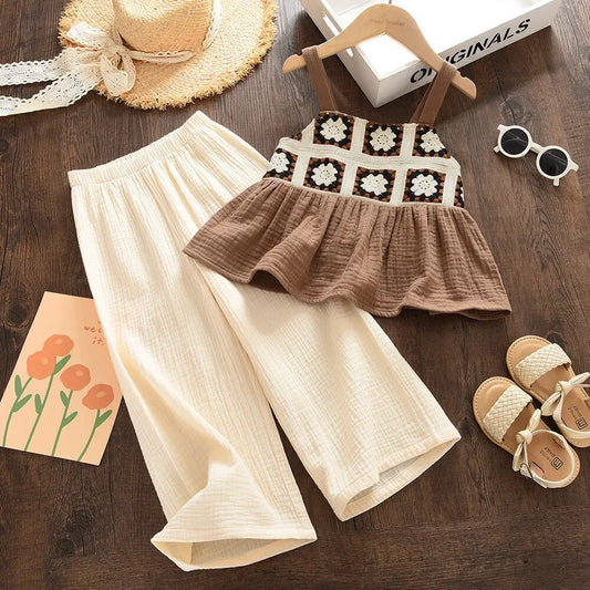 Girls Summer Brown Boho Printed Camisole Top & Beige Trousers Set (Age 3-7 YRS) Brown