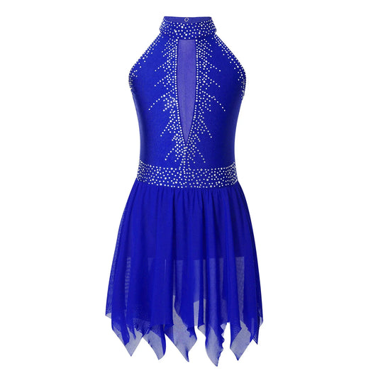 Girls Figure Skating Sleeveless Shiny Rhinestone Leotard Dress (Age 6-16 YRS)