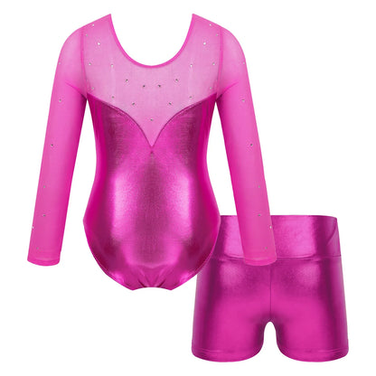 Girls Rhinestone Metallic Dance Bodysuit & Shorts Set (Age 4-12 YRS)