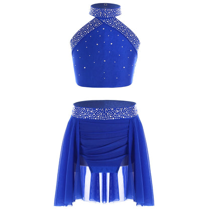 Girls Rhinestones Dance Outfit Tops & Skirt Set (Age 6-16 YRS)