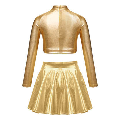 Girls Dance Metallic Long Sleeve Sequin Crop Top & Skirt (Age 6-14YRS)
