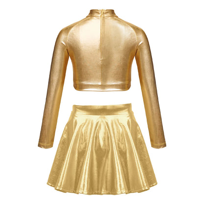 Girls Dance Metallic Long Sleeve Sequin Crop Top & Skirt (Age 6-14YRS)