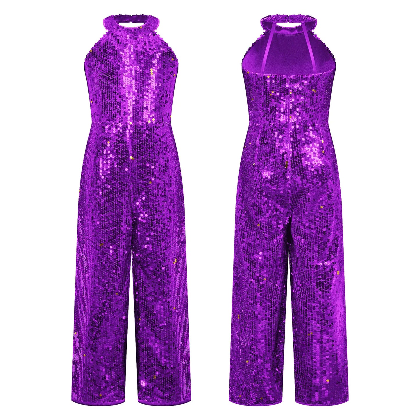 Girls Dance Sequin Sleeveless Halter Jumpsuit (Age 6-14YRS)