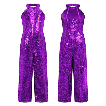 Girls Dance Sequin Sleeveless Halter Jumpsuit (Age 6-14YRS)