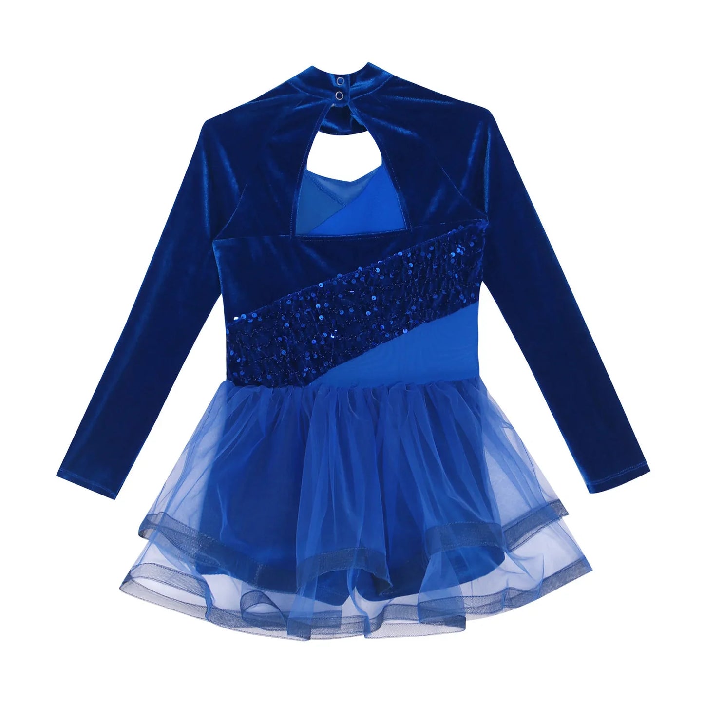 Girls Figure Skating Dance Costume Sequin Long Sleeve Velvet Mesh Leotard Dress (Age 6-14 YRS)