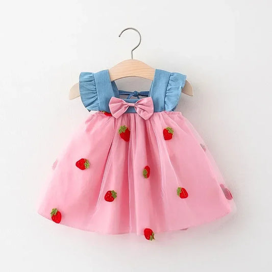 Baby Girls Embroidered Strawberry Dress (Age 9-3YRS) Pink