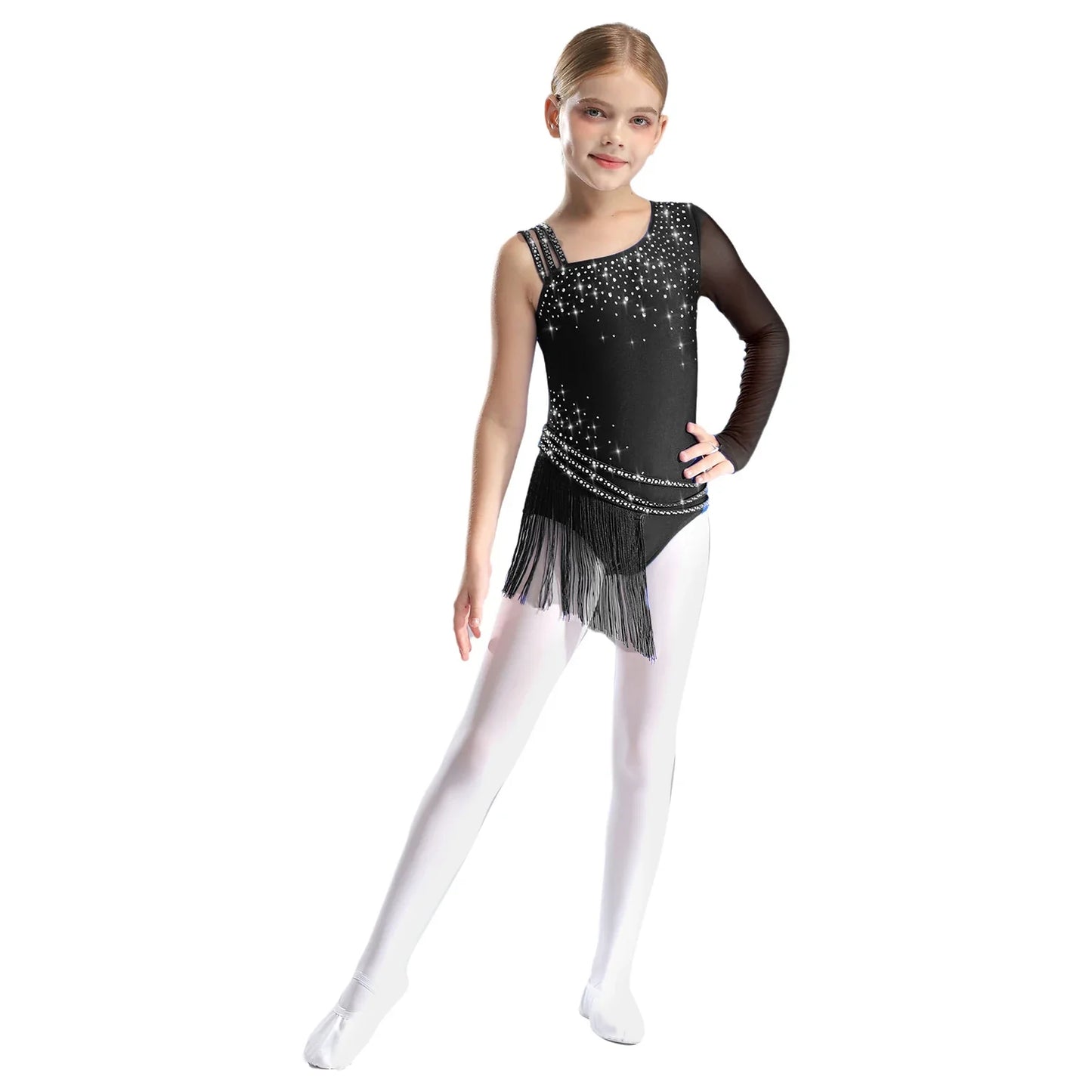 Girls Figure Skating Rhinestone Irregular Tassel Bodysuit Leotard (Age  6-16YRS)
