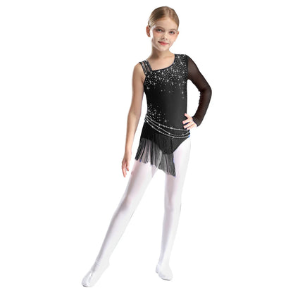 Girls Figure Skating Rhinestone Irregular Tassel Bodysuit Leotard (Age  6-16YRS)