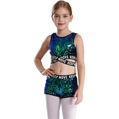 Girls Sequin Dance Top & Shorts Set (Age 4-16YRS)