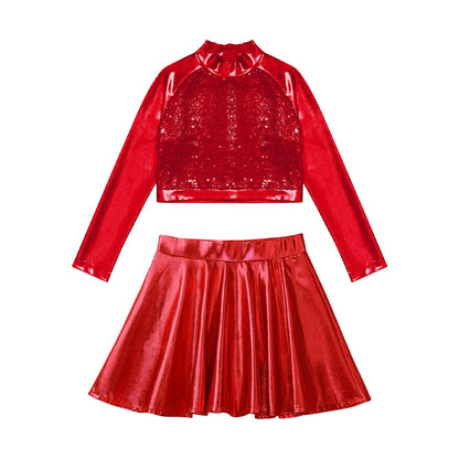 Girls Dance Metallic Long Sleeve Sequin Crop Top & Skirt (Age 6-14YRS)