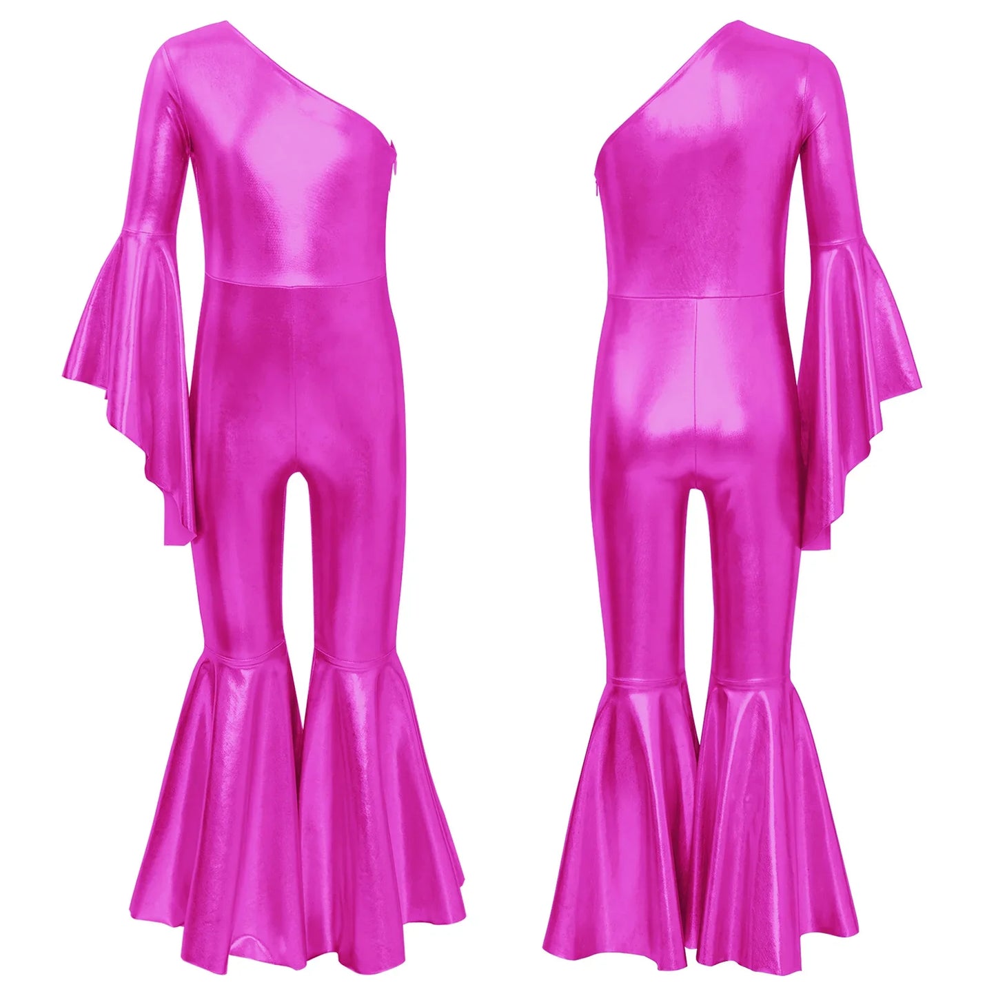 Girls Dance Metallic One Shoulder Bell-Bottom Jumpsuit (Age 6-16YRS)