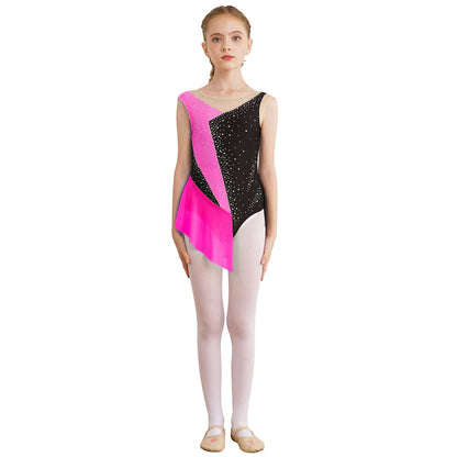Rhinestone Gymnastics Figure Skating Dress for Teen Girls Sleeveless Sheer Mesh Tutu Ballet Leotard Lyrical Performance Costume
